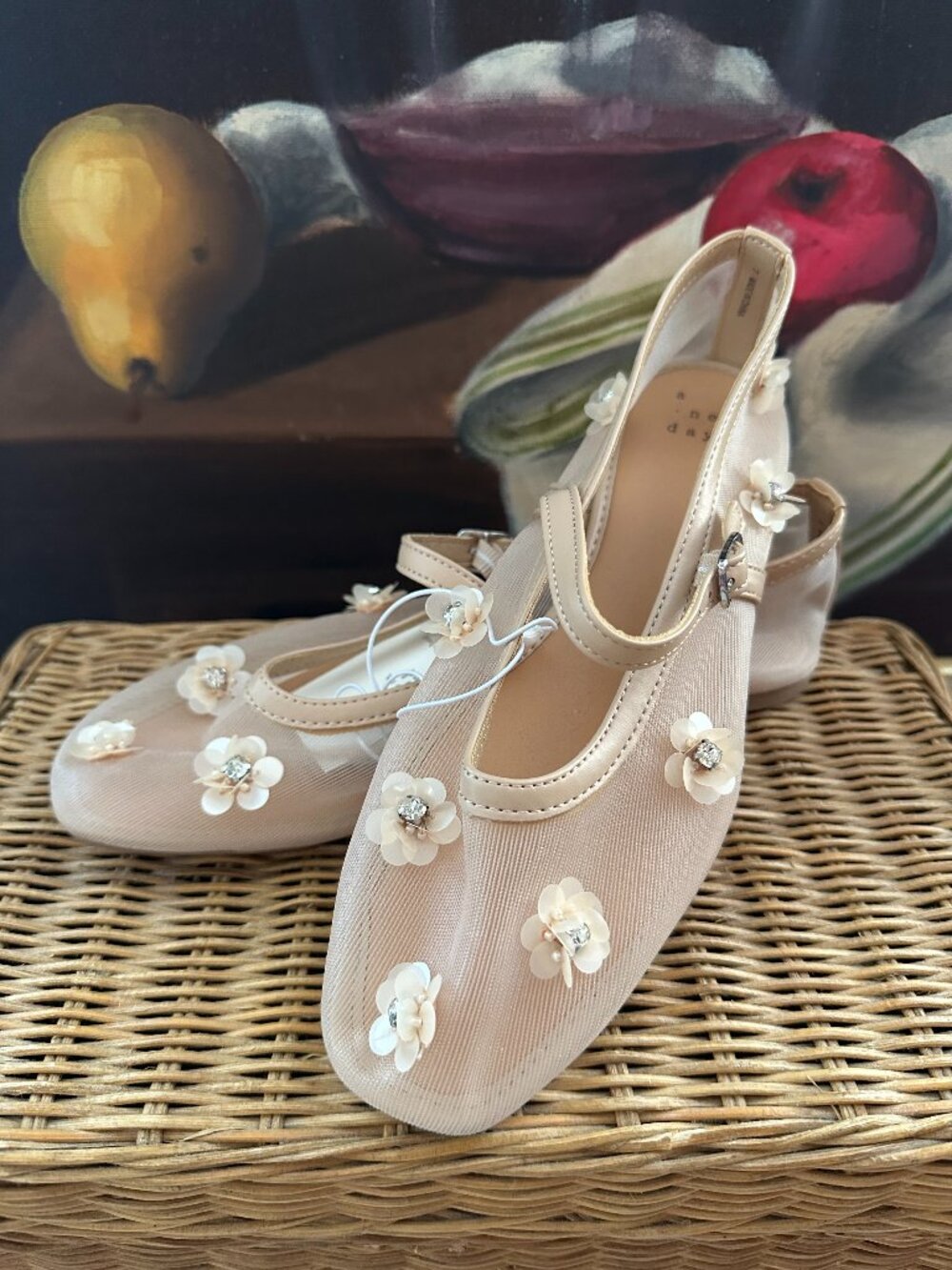 NWT A New Day Blush Pink Mesh Floral Rhinestone Mary Jane Flats Size 7